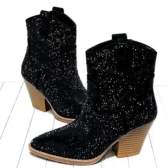 New Black Rhinestone Cowboy Ankle Boots Western Booties - Picture 3 of 8